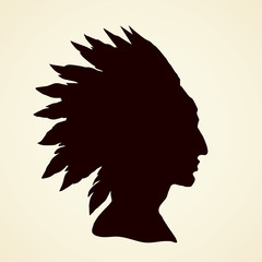 Native American with feathers. Vector drawing
