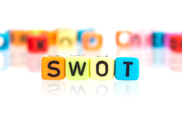 colorful word cube of  SWOT, the  business analysis for Strengths, Weaknesses, Opportunities , Threats concept , on a white background