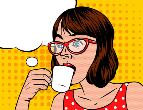 Young beautiful in retro style woman  with cup of coffee. Girl  in glasses of the European type with speech bubble on background of pop art style
