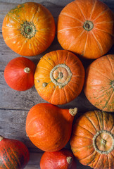 Organic ogange pumpkins on wooden table, thanksgiving pumpkin background, autumn harvest