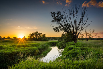 Sunset over the Jeziorka river, Poland