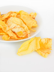 Durian chips on white background
