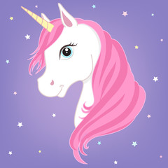 White unicorn vector head with pink mane and horn. Unicorn on starry background.