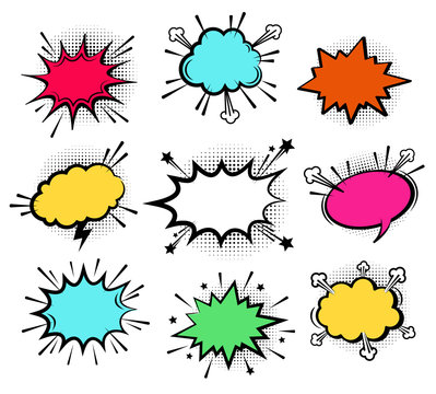 Vector comic explosions without text. Comic speech bubbles for different emotions: Wow, Omg,  Boom, Gtfo, Yeah, Damn, Wtf . Vector colorful dynamic cartoon bubble set isolated on white background.