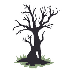 Black silhouette of a dead tree without foliage. Vector illustration, isolated on white background.