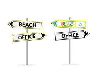 Two different design of road signs Office Beach isolated on white background
