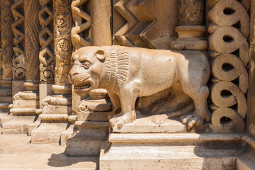 Statue of lion on the portal of Jak chapel, Budapest, Hungary. The portal is the exact  architectural  replica of the Portal of the Church of Jak village (western Hungary). © slowcentury