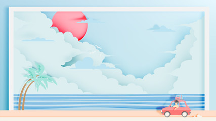 Road trip on the beach with paper art style and pastel color scheme