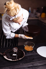 cake covered in chocolate. Mirror glaze