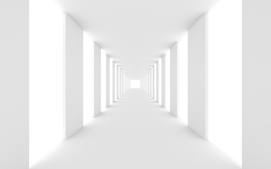 Futuristic empty white corridor with walls and bright light. 3D Rendering.