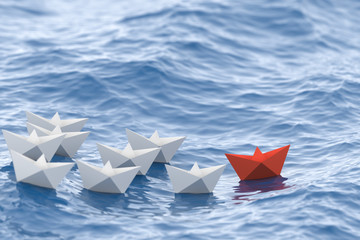 Leadership concept, red leader boat leading white boats. 3D Rendering