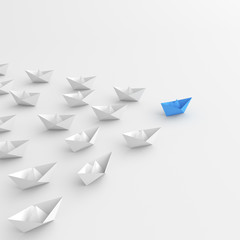 Leadership, blue leader boat, standing out from the crowd of white boats, on white background. 3D Rendering.