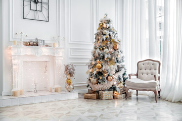 White room with Christmas and New Year decorated interior