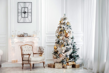 White room with Christmas and New Year decorated interior