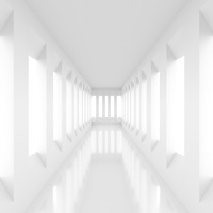 Futuristic empty white corridor with rectangular walls and windows. 3D Rendering.