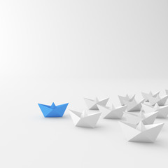 Leadership concept, blue leader boat leading whites. 3D rendering