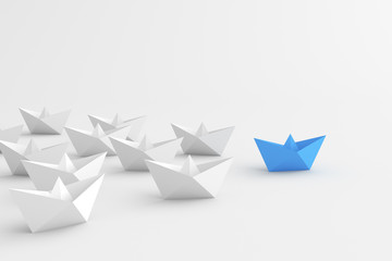 Leadership concept, blue leader boat leading whites. 3D rendering