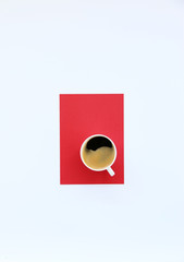 Hot coffee in red cup,Flat lay,with space for your text