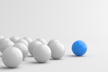 Leadership concept, blue leader ball, standing out from the crowd of white balls. 3D rendering