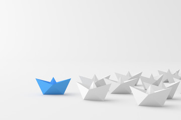 Leadership concept, blue leader boat leading white boats. 3D rendering