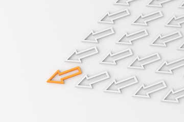 Leadership, orange leader arrow among whites. 3D Rendering.