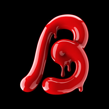 Leaky red alphabet on black background. Handwritten cursive letter B.