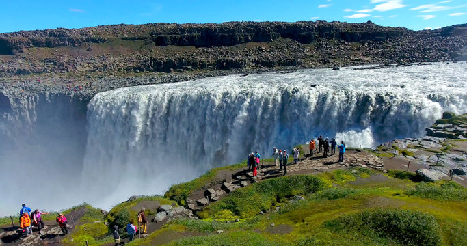 Dettifoss Waterfall with Hikers at Overlook - Iceland