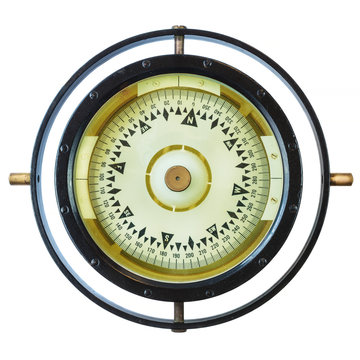 Authentic ancient ship compass isolated on white
