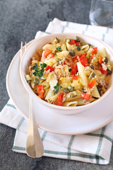Pasta penne with with tuna, bell pepper and cappers