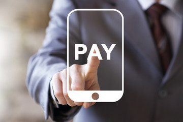 Businessman press button PAY on smartphone.