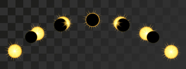 Solar Eclipse phases in dark sky. Vector illustration on transparent background