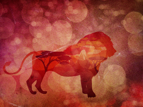 African Sunset with Lion Grunge