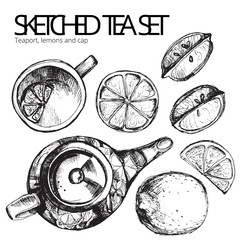 Tea hand draw set - teapot, cup and spoon with lemons, limes. Isolated collection on white background
