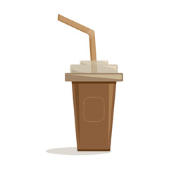 Brown paper cup with plastic lid and straw for coffee, tea, cappuccino, espresso. Vector illustration