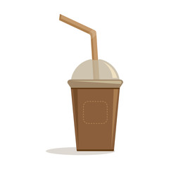 Brown paper cup with plastic lid and straw for coffee, tea, cappuccino, espresso. Vector illustration