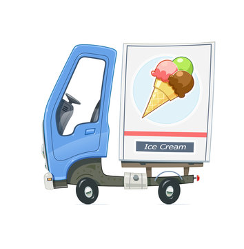 Small Truck refrigerator for delivery ice cream. Lorry with blue