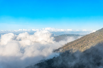 Mountain view above the cloud and blue sky. Rinjani mountain, Lombok island, Indonesia.