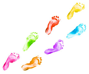 Fototapeta premium Rainbow foot prints kid colorful set isolated on white background. Many fingerprint or stamp texture artwork of kids for education and journey. Bottom view. Close up.