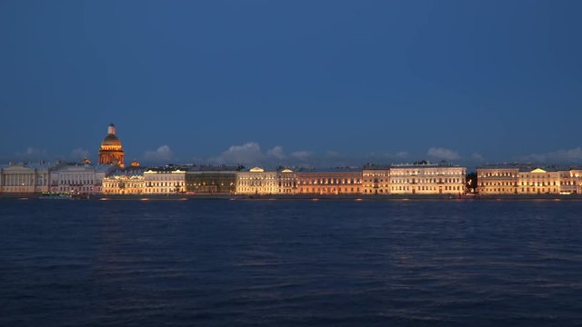 Illumination of buildings on the Neva River in St. Petersburg Russia