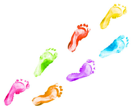 Rainbow foot prints kid colorful set isolated on white background. Many fingerprint or stamp texture artwork of kids for education and journey. Bottom view. Close up.