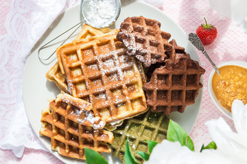 Table Set for Breakfast with Waffles and Berries