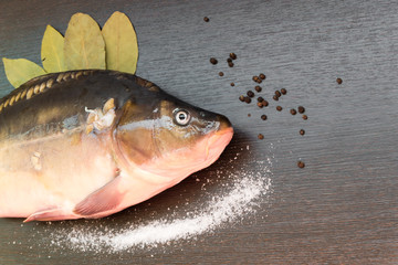 Fresh carp on the black Board with the Bay leaf and pepper salt.