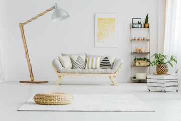 Grey sofa in bright living room