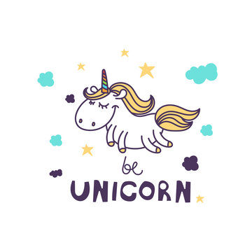 Illustration of cute cartoon unicorn. Vector