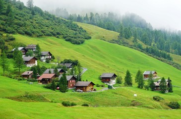 Fototapeta na wymiar View of Malbun, a ski resort village in the Alps mountains in Liechtenstein near the border with Austria