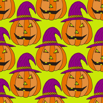 Jack-O-Lantern pumpkin background. Vector illustration. Halloween seamless pattern for wrapping paper.