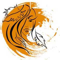 stylish original hand-drawn graphics portrait with beautiful young attractive girl model for design. Fashion, style, beauty . Graphic, sketch drawing. 