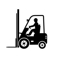 Black forklift truck vector icon on white background