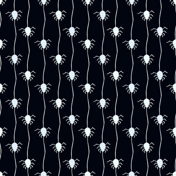 Halloween pattern with spiders. Dark seamless background. Textile or wrapping paper