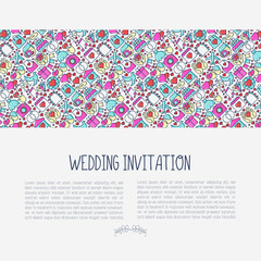 Wedding invitation concept with thin line icons of dove, camera, photographer, bride, dress, balloons. Vector illustration for banner, web page, print media.